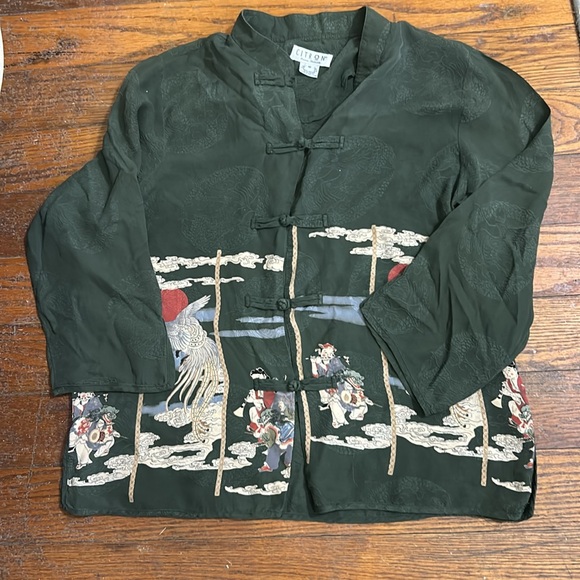 Citron Santa Monica Top Army Green Silk Asian Print Mandarin Collar Women’s M - Picture 11 of 15